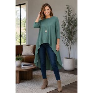 Camille & Co. XL High Low Tunic Green 3/4 Sleeve Handkerchief Hem Boho Stretch